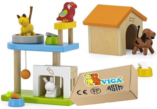 Drewniane zwierzątka Klocki figurki pies kot królik Viga 3+ zabawki sensoryczne montessori PakaNiemowlaka