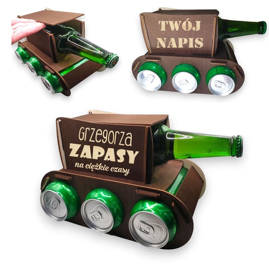 Drewniany czołg na  alkohol, prezent 18, 30, 40, 50 urodziny dla dziadka, chłopaka, taty, kawalerski - GRAWER, IMIĘ, Twój napis brązowy Inna marka
