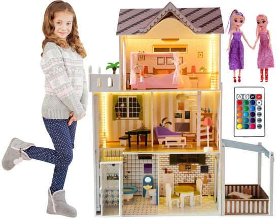 Drewniany domek dla lalek 120 cm z oświetleniem LED RGB + 2 lalki Funfit Kids