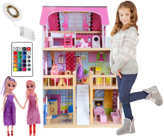 Drewniany domek dla lalek z oświetleniem LED RGB + 2 lalki Funfit Kids
