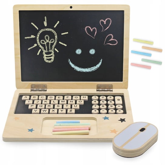 Drewniany laptop z myszką - tablica kredowa magnetyczna + litery cyfry Mamabrum
