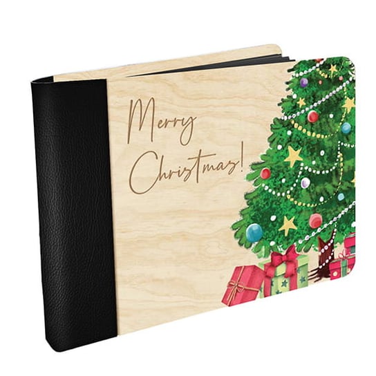 Drewniany MINI FOTO ALBUM na zdjęcia CHOINKA z grawerowaną okładką z czarnymi kartami  prezent na święta PomysloweGadzety