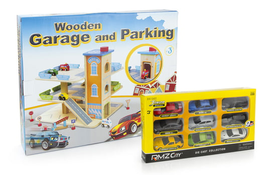 Drewniany Parking/Garaż dla dzieci +  resoraki licencjonowane (żółty zestaw) Krakpol