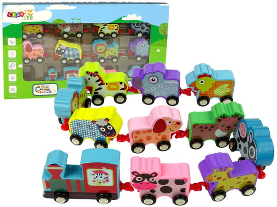 Drewniany Pociąg Lokomotywa Zwierzęta Lew Piesek Wagony Kółka Edukacyjne Lean Toys