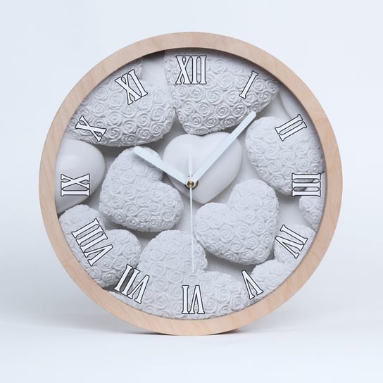 Drewniany rzymski zegar białe tło serca fi 30 cm, Tulup Tulup