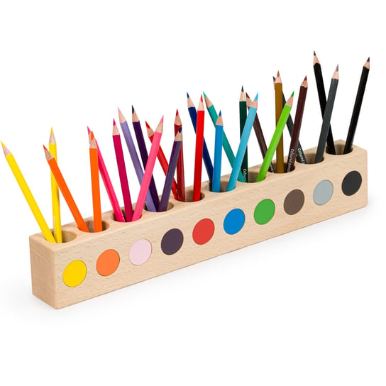 Drewniany sorter na kredki i mazaki 10 kolorów Montessori Eko Organizer na biurko dla dziecka Sortownik do kredek Pojemnik na kolorowe kredki dla dzieci Obubu
