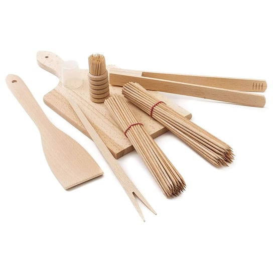Drewniany zestaw narzędzi do grilla (deska do krojenia, szpatułka, szczypce do grilla, widelec, wykałaczki, szpikulce) Tuuli
