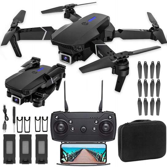 DRON E100 2 kamery silniki BEZSZCZOTKOWE zawis WIFI 3x20min ZABAWKA APP SET EVI