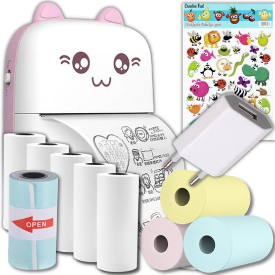 DRUKARKA TERMICZNA KOTEK +10 ROLEK PAPIERU + ŁADOWARKA + NAKLEJKI SF