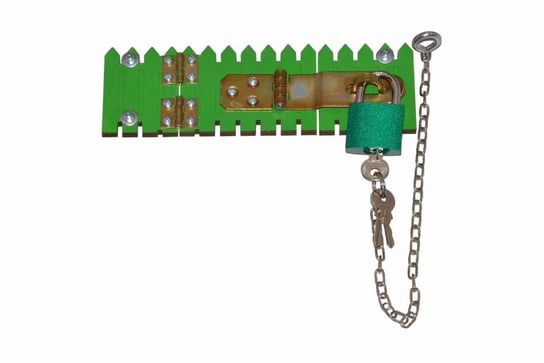 Drzwi, płotek koloru zielonego z zasuwką i zieloną kłódką + łańcuszek Zabawki Sensoryczne