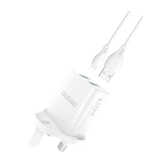 Dudao ładowarka sieciowa wtyczka UK (Wielka Brytania) 2xUSB-A 2.4A biała + kabel USB-A - Lightning biały Dudao