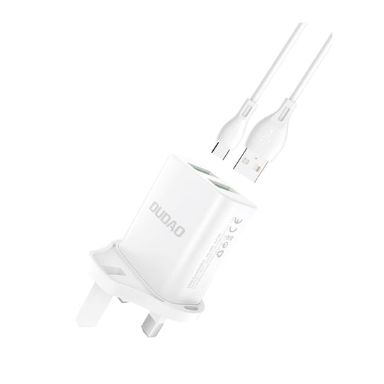 Dudao ładowarka sieciowa wtyczka UK (Wielka Brytania) 2xUSB-A 2.4A biała + kabel USB-A - USB-C biały Dudao