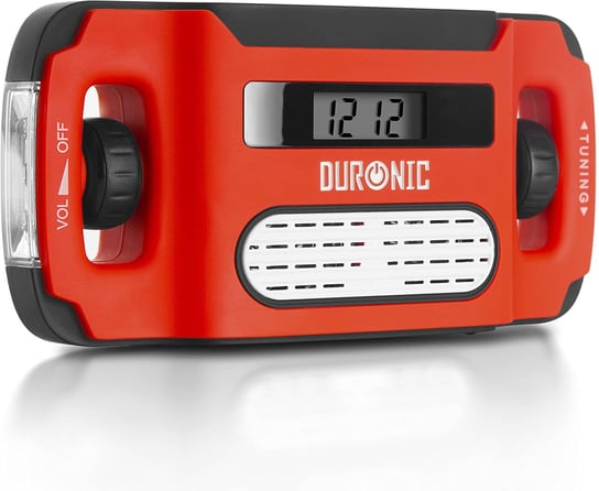 Duronic APEX Radio pogodowe z wyświetlaczem i latarką | zasilane solarnie dynamo lub USB | przenośne radio turystyczne na korbkę solarne z zegarem | na długie wędrówki, wyjazd pod namiot, do ogrodu… Duronic