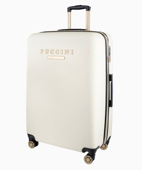 Duża biała walizka z eleganckim napisem PUCCINI
