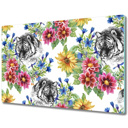 Duża Deska Kuchenna ze Wzorem - Tygrys wśród kwiatów - 80x52 cm Coloray
