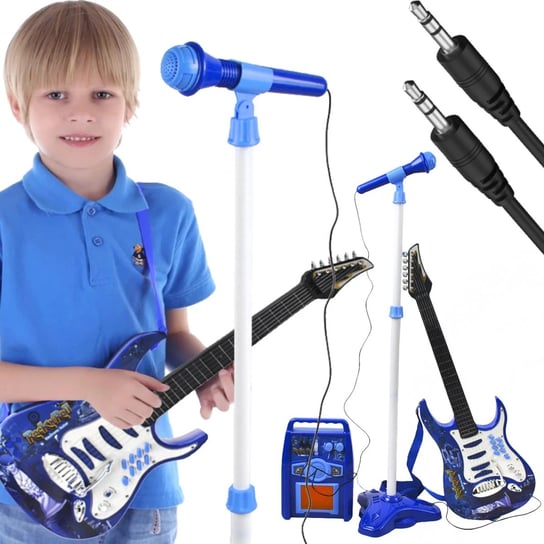 Duża Gitara Elektryczna Dla Dzieci Mikrofon Piecyk Statyw Wzmacniacz Niebie MARTOM