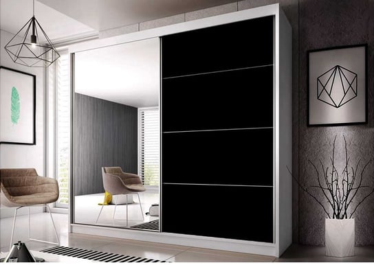 Duża szafa sypialniana z lustrem MULTI biało czarna 200 cm MKS