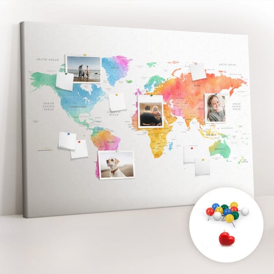 Duża Tablica, Korek 100x140 cm Wzór Akwarelowa mapa świata + Pinezki Kolorowe Coloray