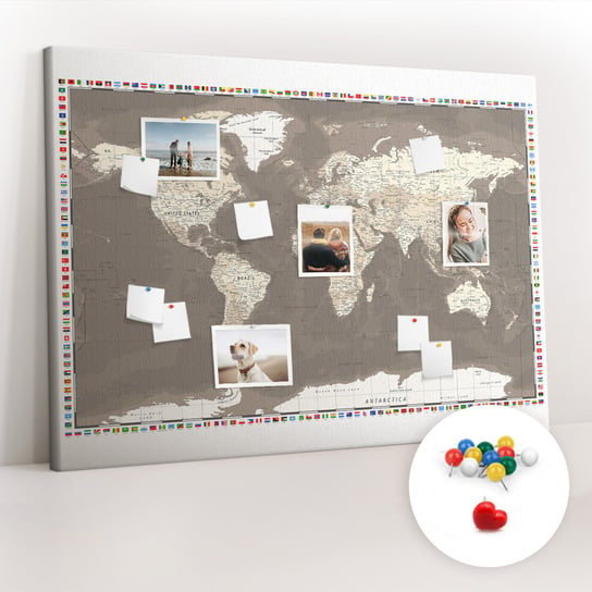 Duża Tablica, Korek 100x140 cm Wzór Brązowa mapa świata + Pinezki Kolorowe Coloray