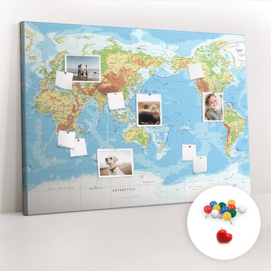Duża Tablica, Korek 100x140 cm Wzór Fizyczna mapa świata + Pinezki Kolorowe Coloray