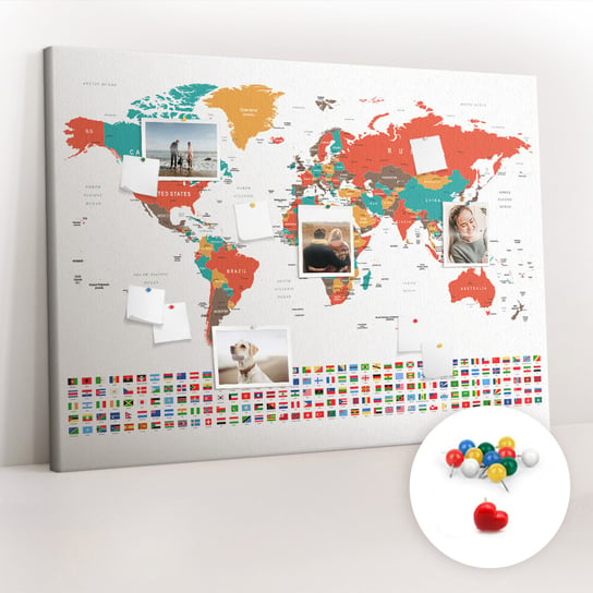 Duża Tablica, Korek 100x140 cm Wzór Kolorowa mapa świata + Pinezki Kolorowe Coloray