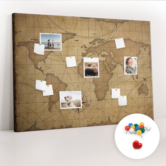 Duża Tablica, Korek 100x140 cm Wzór Mapa świata vintage + Pinezki Kolorowe Coloray