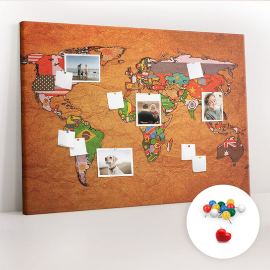 Duża Tablica, Korek 100x140 cm Wzór Mapa Świata z flagami + Pinezki Kolorowe Coloray