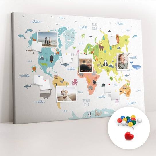 Duża Tablica, Korek 100x140 cm Wzór Mapa świata zwierząt + Pinezki Kolorowe Coloray