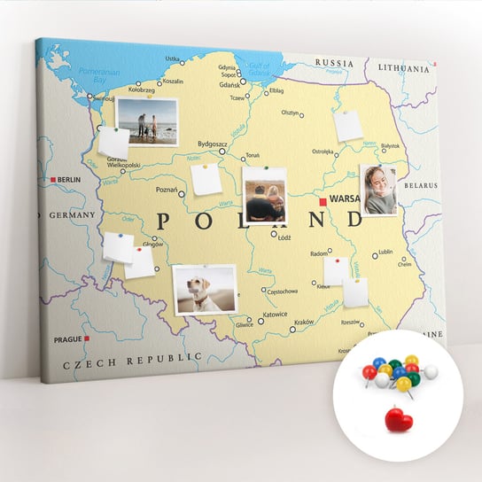 Duża Tablica, Korek 100x140 cm Wzór Polityczna mapa Polski + Pinezki Kolorowe Coloray