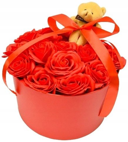 DUŻY BOX KWIATY MYDLANE PACHNĄCE NA upominek urodziny 18 róże czerwone miś DOMOSFERA
