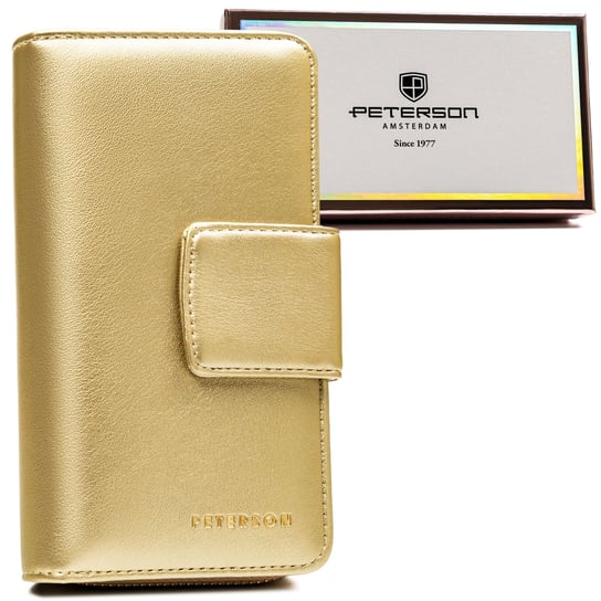 Duży pionowy portfel damski na karty i dokumenty z ochroną RFID skóra ekologiczna Peterson, złoty Peterson