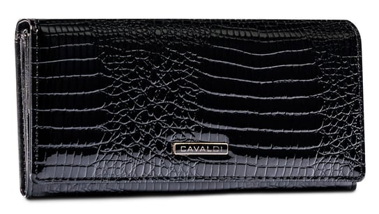 Duży pojemny portfel damski z lakierowanej skóry naturalnej skóra krokodyla portfel na zatrzask Cavaldi, czarny 4U CAVALDI