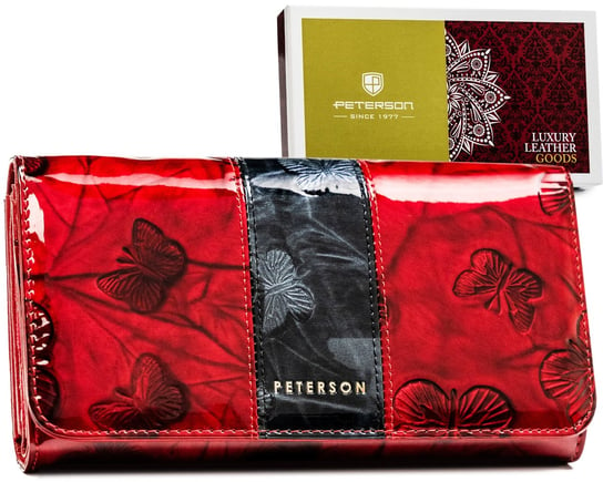 Duży portfel damski na karty skóra naturalna ochrona RFID Peterson, czerwony Peterson