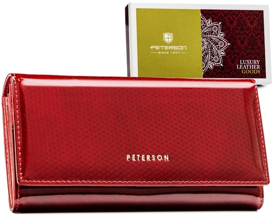 Duży portfel damski na karty z lakierowanej skóry naturalnej Peterson, czerwony Peterson