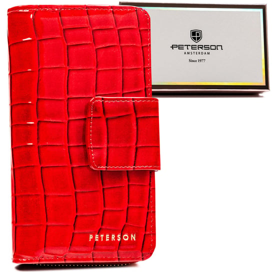 Duży portfel damski na karty z ochroną RFID skóra ekologiczna croco Peterson, czerwony Peterson