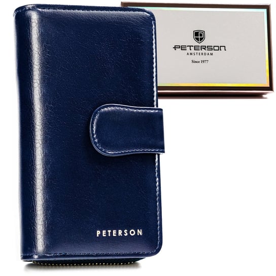 Duży portfel damski na karty z ochroną RFID skóra ekologiczna Peterson, granatowy Peterson