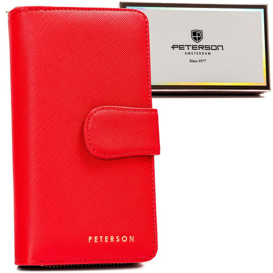 Duży portfel damski na karty z ochroną RFID skóra ekologiczna saffiano Peterson, czerwony Peterson