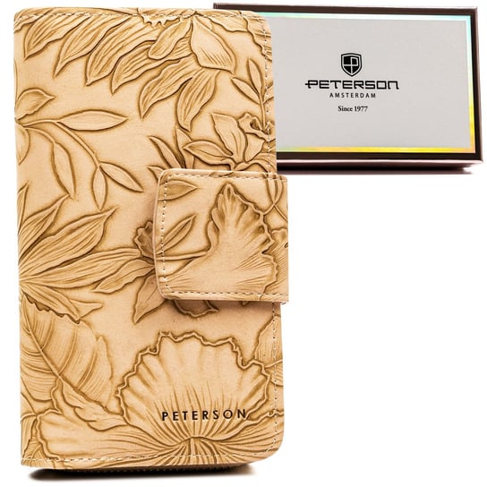 Duży portfel damski na karty z ochroną RFID skóra ekologiczna w kwiaty Peterson, beżowy Peterson