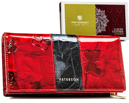 Duży portfel damski w motyle skóra naturalna Peterson, czerwony Peterson