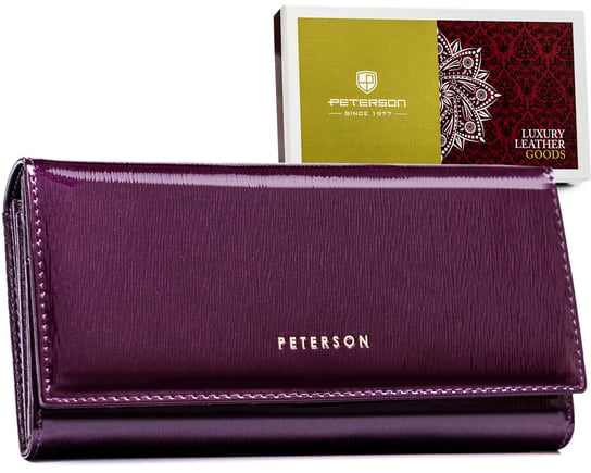 Duży portfel damski z lakierowanej skóry naturalnej na karty ochrona RFID Peterson, ciemnofioletowy Peterson