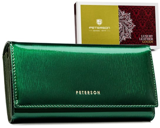Duży portfel damski z lakierowanej skóry naturalnej na karty ochrona RFID Peterson, ciemnozielony Peterson