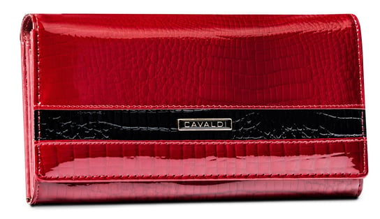 Duży portfel damski z lakierowanej skóry naturalnej portmonetka na bigiel skóra krokodyla Cavaldi, czerwony 4U CAVALDI