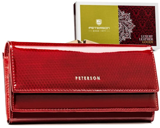 Duży portfel na karty z lakierowanej skóry naturalnej ochrona RFID Peterson, czerwony Peterson