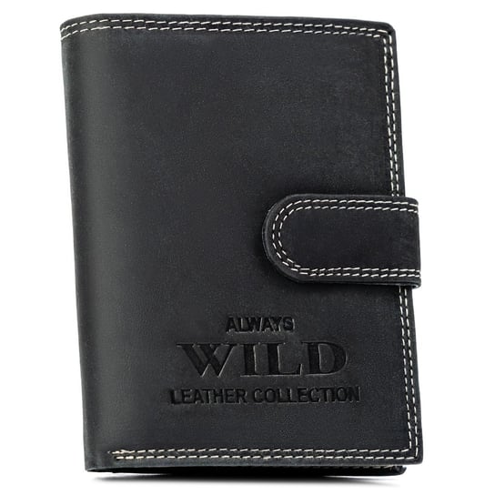Duży portfel na karty z ochroną RFID Protect portfel na zatrzask ze skóry naturalnej nubukowej Always Wild, czarny Always Wild