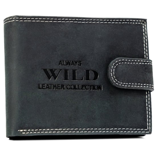 Duży poziomy portfel męski na zatrzask skóra naturalna nubukowa portfel na karty z ochroną RFID Always Wild, czarny Always Wild