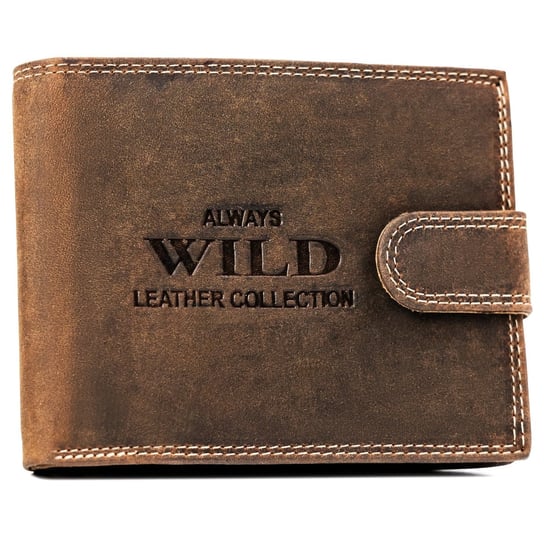 Duży poziomy portfel męski na zatrzask skóra naturalna nubukowa portfel na karty z ochroną RFID Always Wild, koniakowy Always Wild