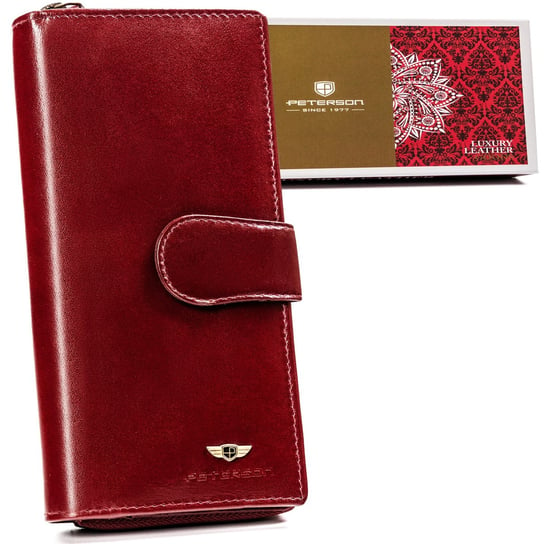 Duży, skórzany portfel damski na karty z ochroną RFID Peterson, bordowy Peterson
