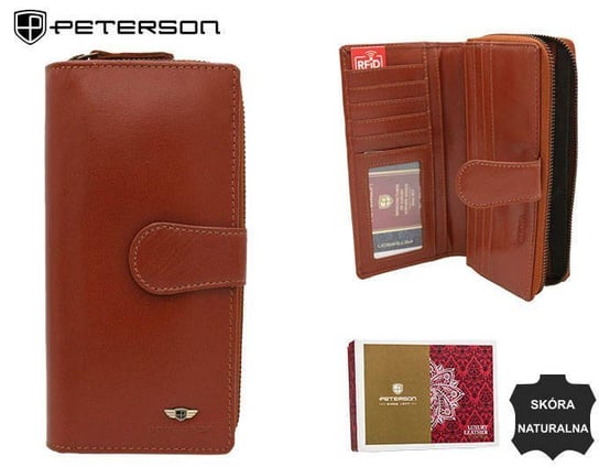Duży, skórzany portfel damski na zamek i zatrzask Peterson Peterson