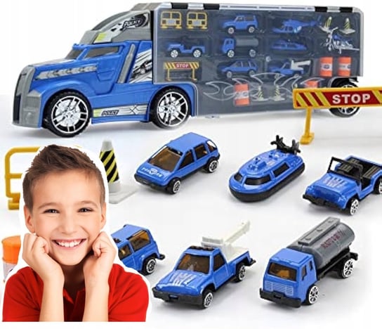 Duży Tir Policyjny 55 cm Garaż na Samochody Dla Dzieci 8 Autek + Akcesoria Kristrade