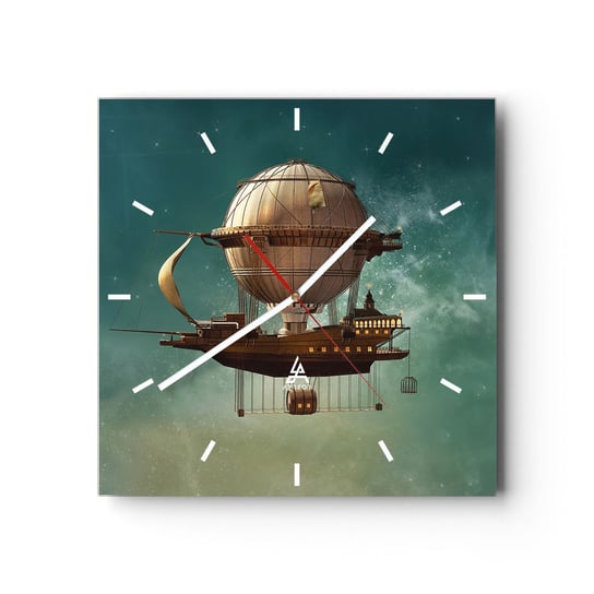Duży zegar ścienny - Juliusz Verne pozdrawia - 40x40cm - Retro Podróż Balon - Kwadratowy zegar ścienny - Nowoczeny Stylowy Zegar do salonu do kuchni - Cichy i Modny zegar ARTTOR